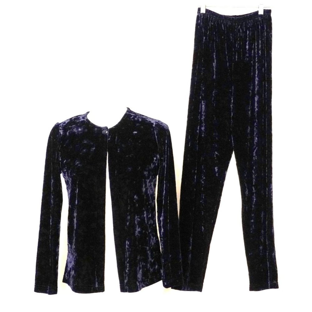 Vintage Crushed Velvet Cardigan Pants Set Navy Blue Womens Size PS‎ by Clio